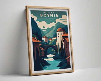 Framed Mostar Bosnia Travel Poster in Portrait orientation, minimal background, close up wall art print 4