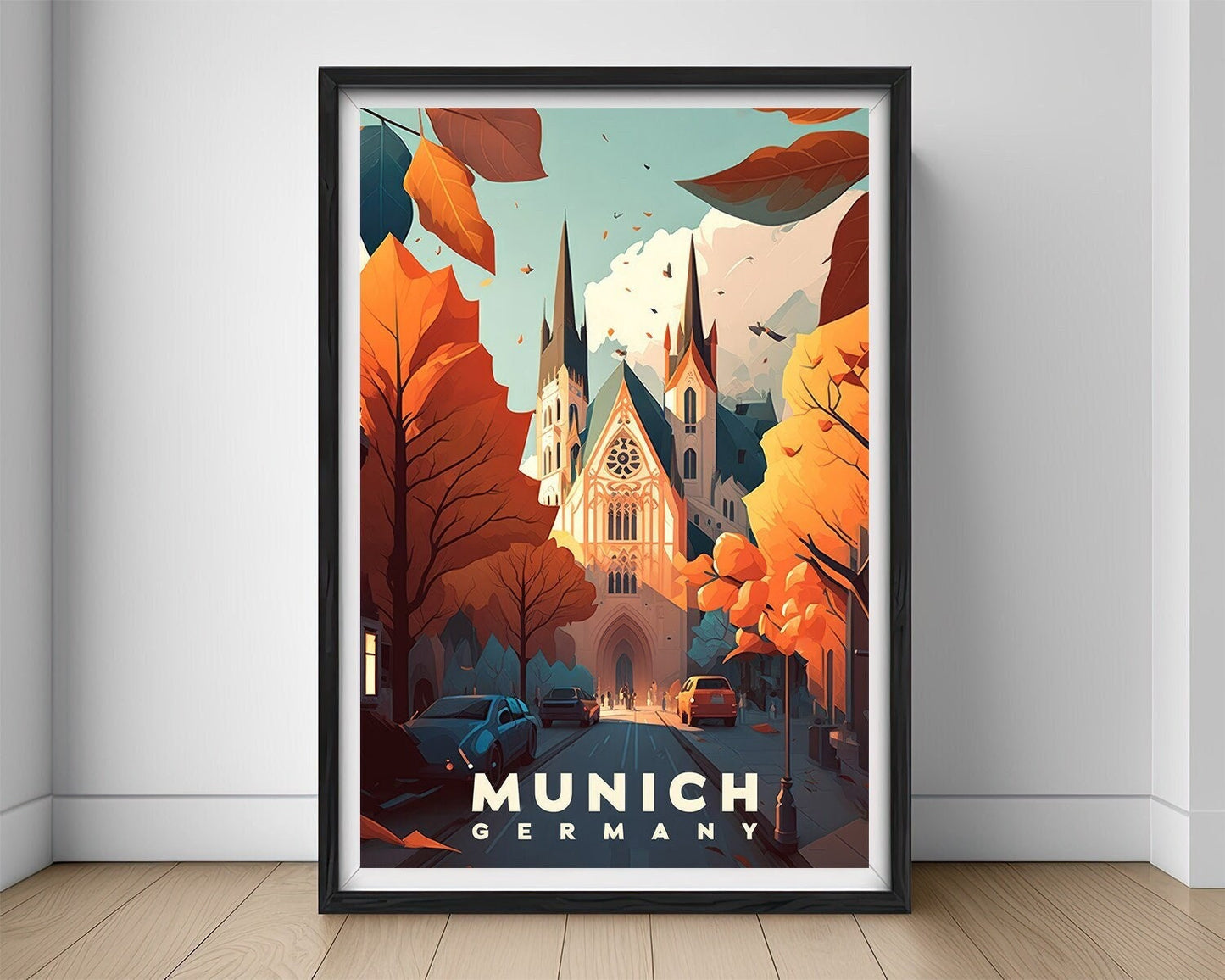 Framed Munich Germany Travel Poster in Portrait orientation, minimal background, close up wall art print 1
