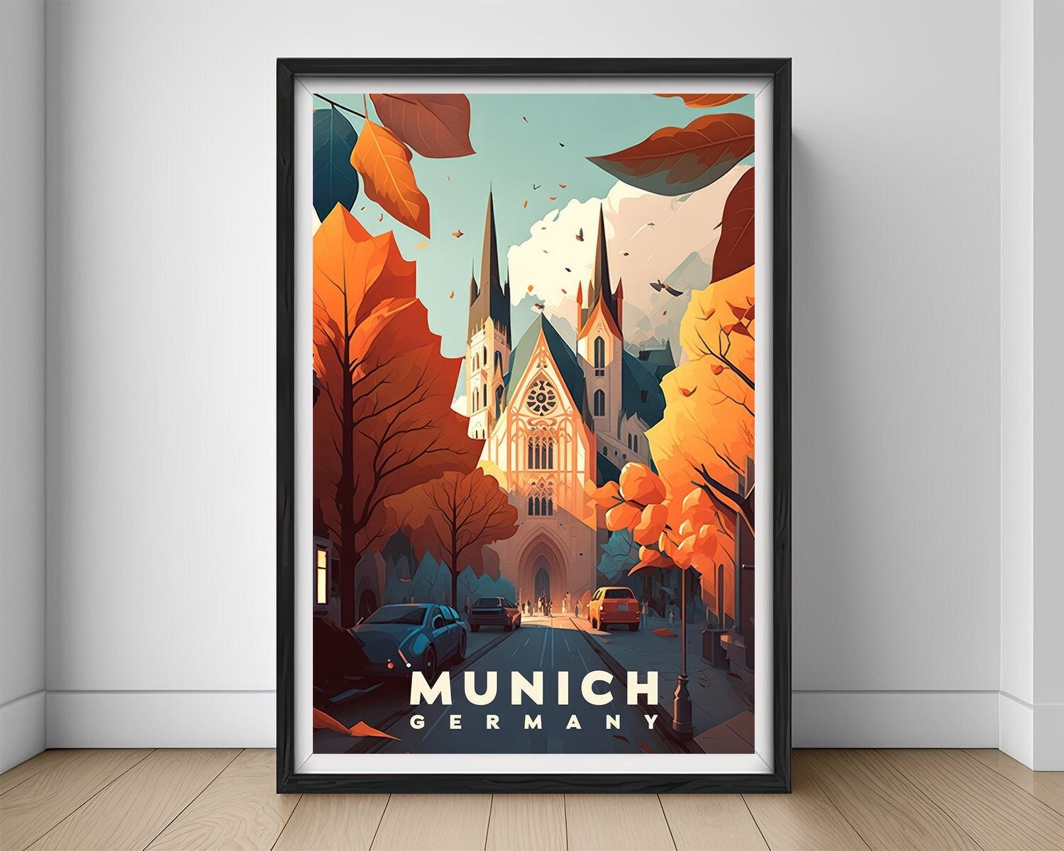 Framed Munich Germany Travel Poster in Portrait orientation, minimal background, close up wall art print 1