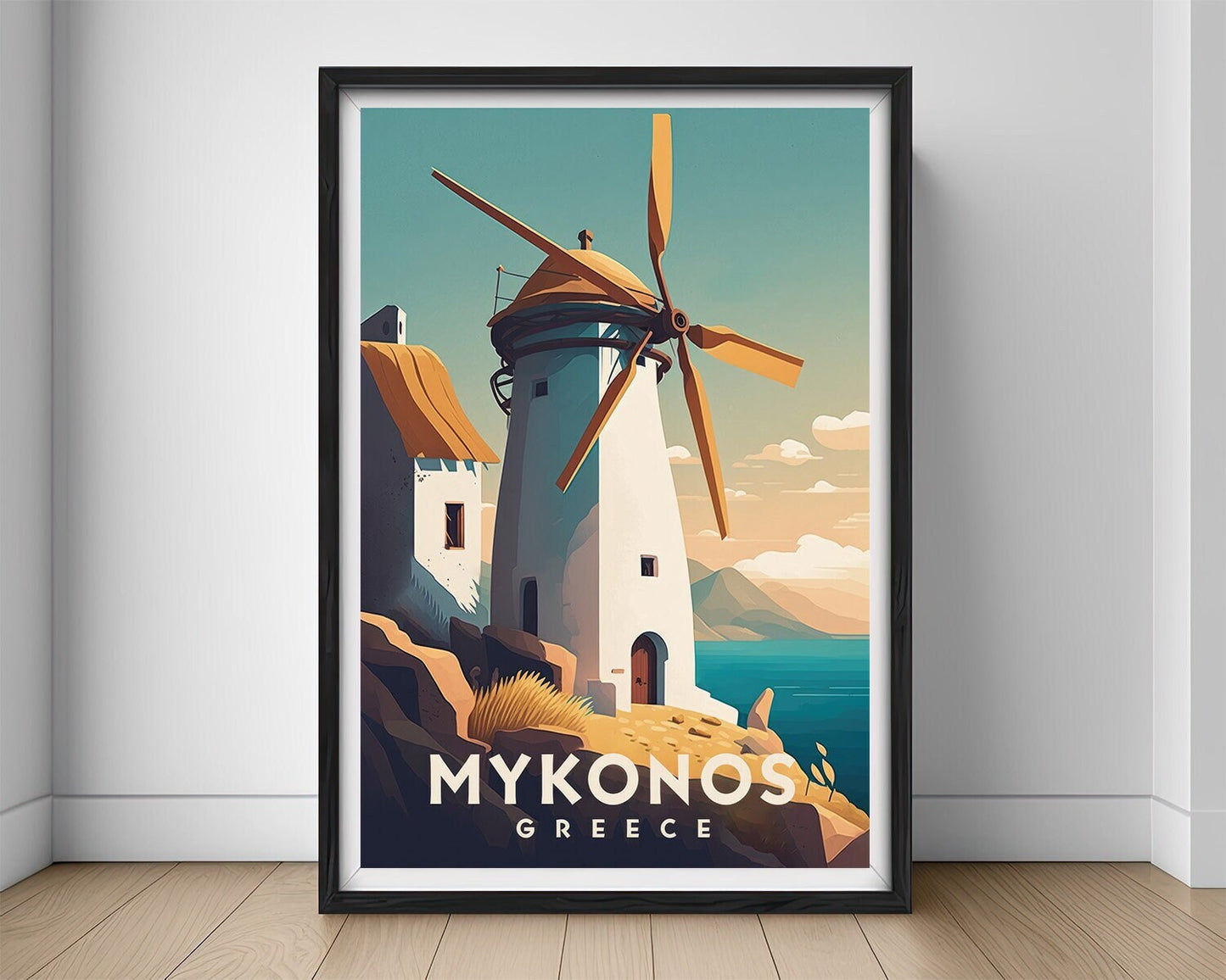 Framed Mykonos Greece Europe Travel Poster in Portrait orientation, minimal background, close up wall art print 1