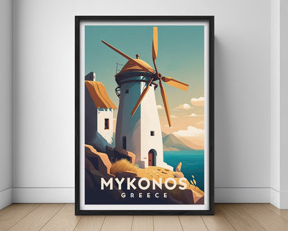 Framed Mykonos Greece Europe Travel Poster in Portrait orientation, minimal background, close up wall art print 1