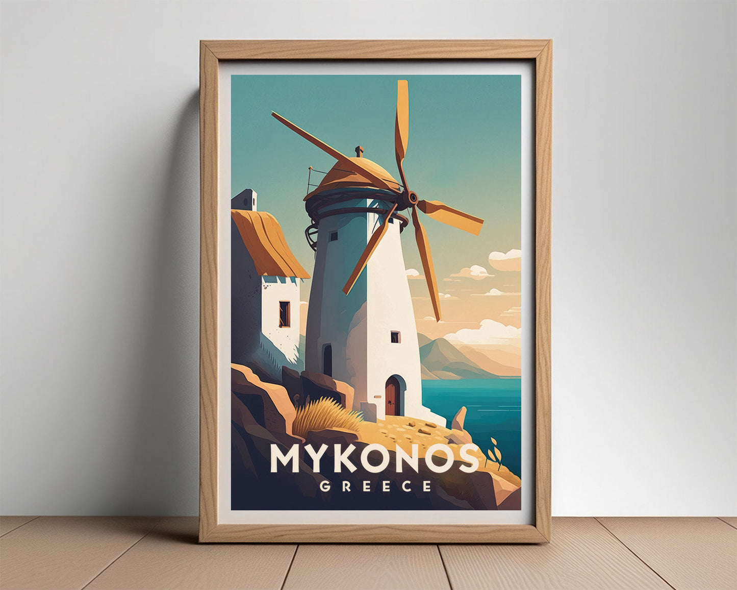 Framed Mykonos Greece Europe Travel Poster in Portrait orientation, minimal background, close up wall art print 2