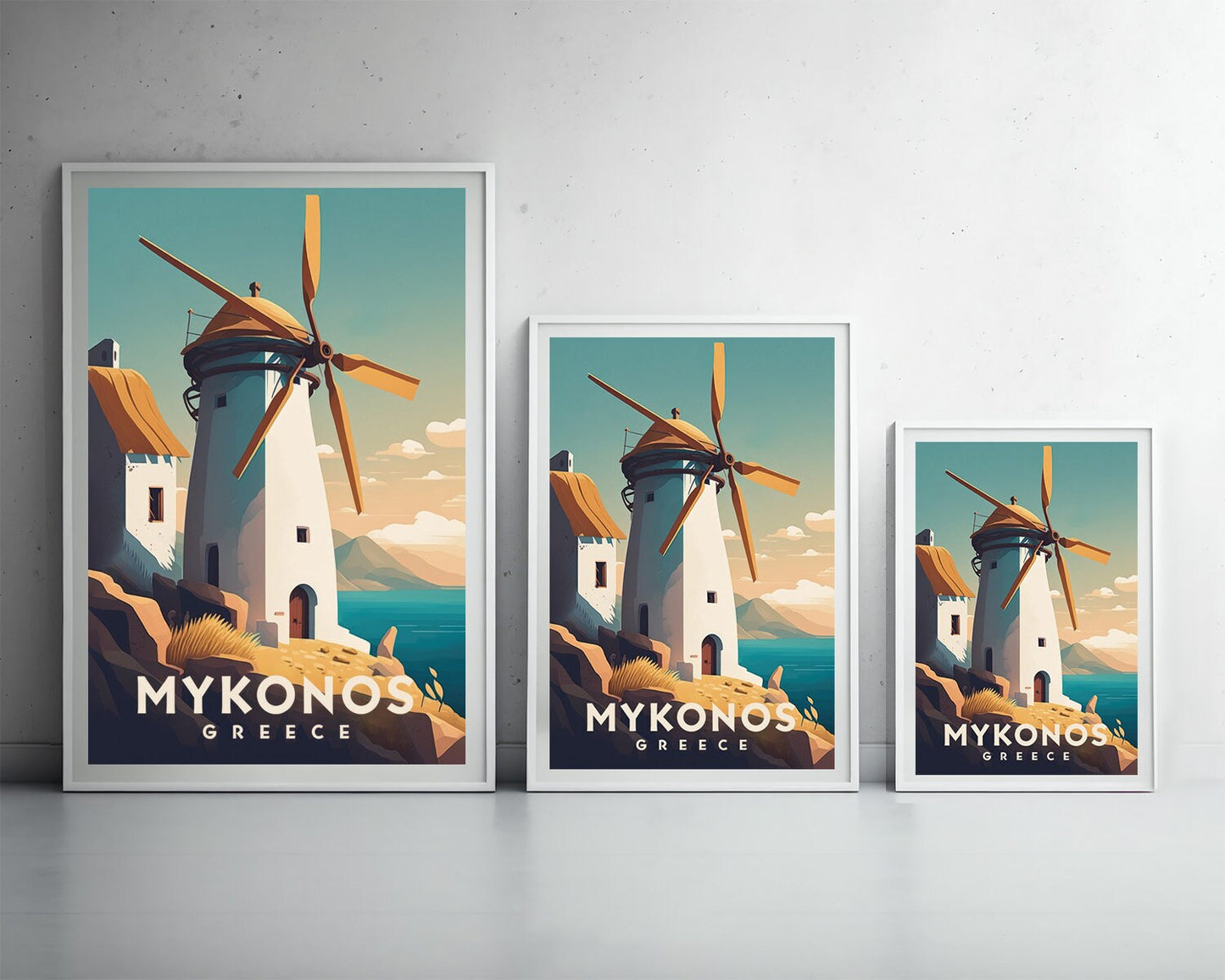 Framed Mykonos Greece Europe Travel Poster in Portrait orientation, minimal background, close up wall art print 3