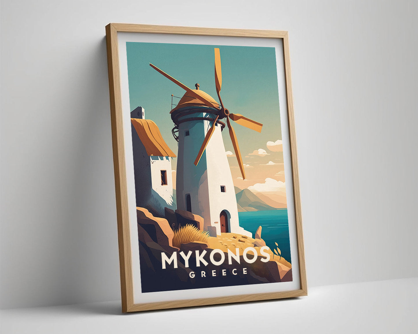 Framed Mykonos Greece Europe Travel Poster in Portrait orientation, minimal background, close up wall art print 4