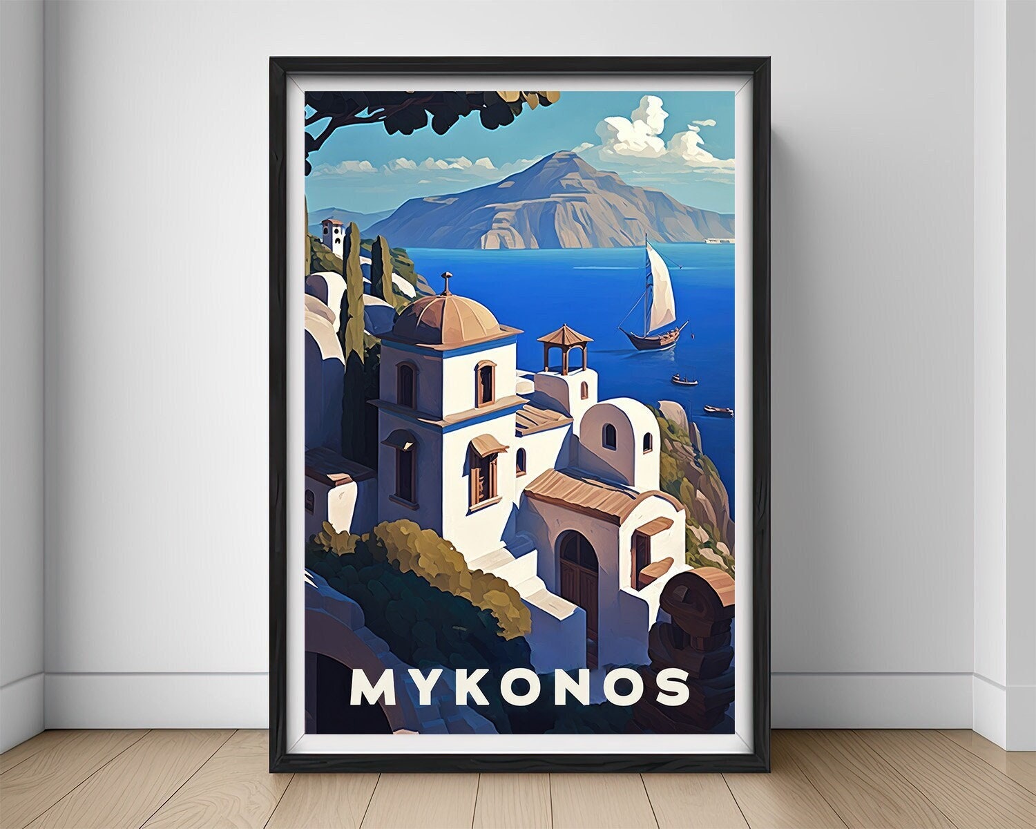 Framed Mykonos Greece Travel Poster in Portrait orientation, minimal background, close up wall art print 1