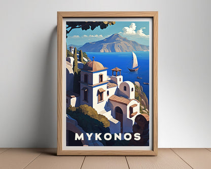 Framed Mykonos Greece Travel Poster in Portrait orientation, minimal background, close up wall art print 2