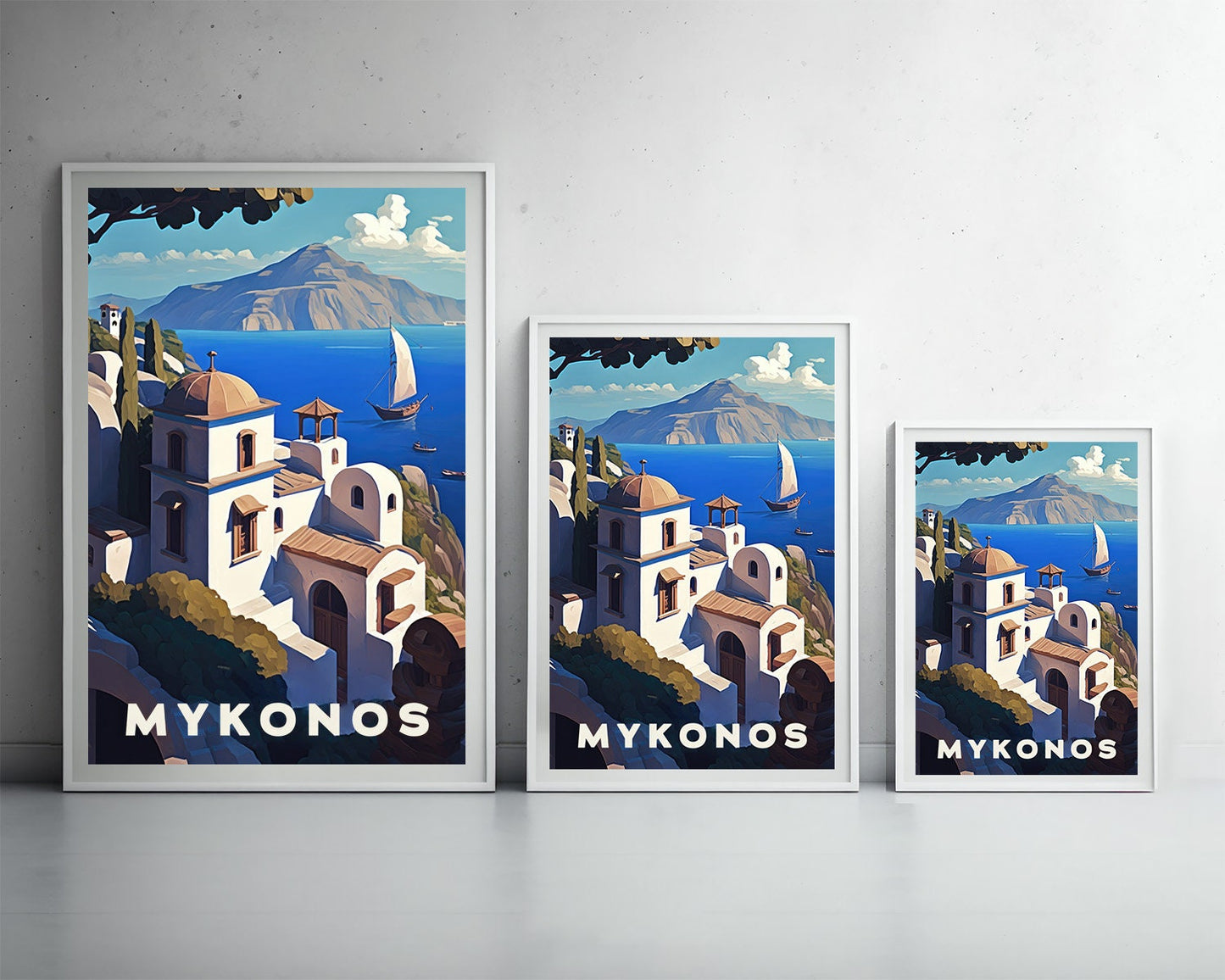 Framed Mykonos Greece Travel Poster in Portrait orientation, minimal background, close up wall art print 3