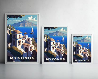 Framed Mykonos Greece Travel Poster in Portrait orientation, minimal background, close up wall art print 3