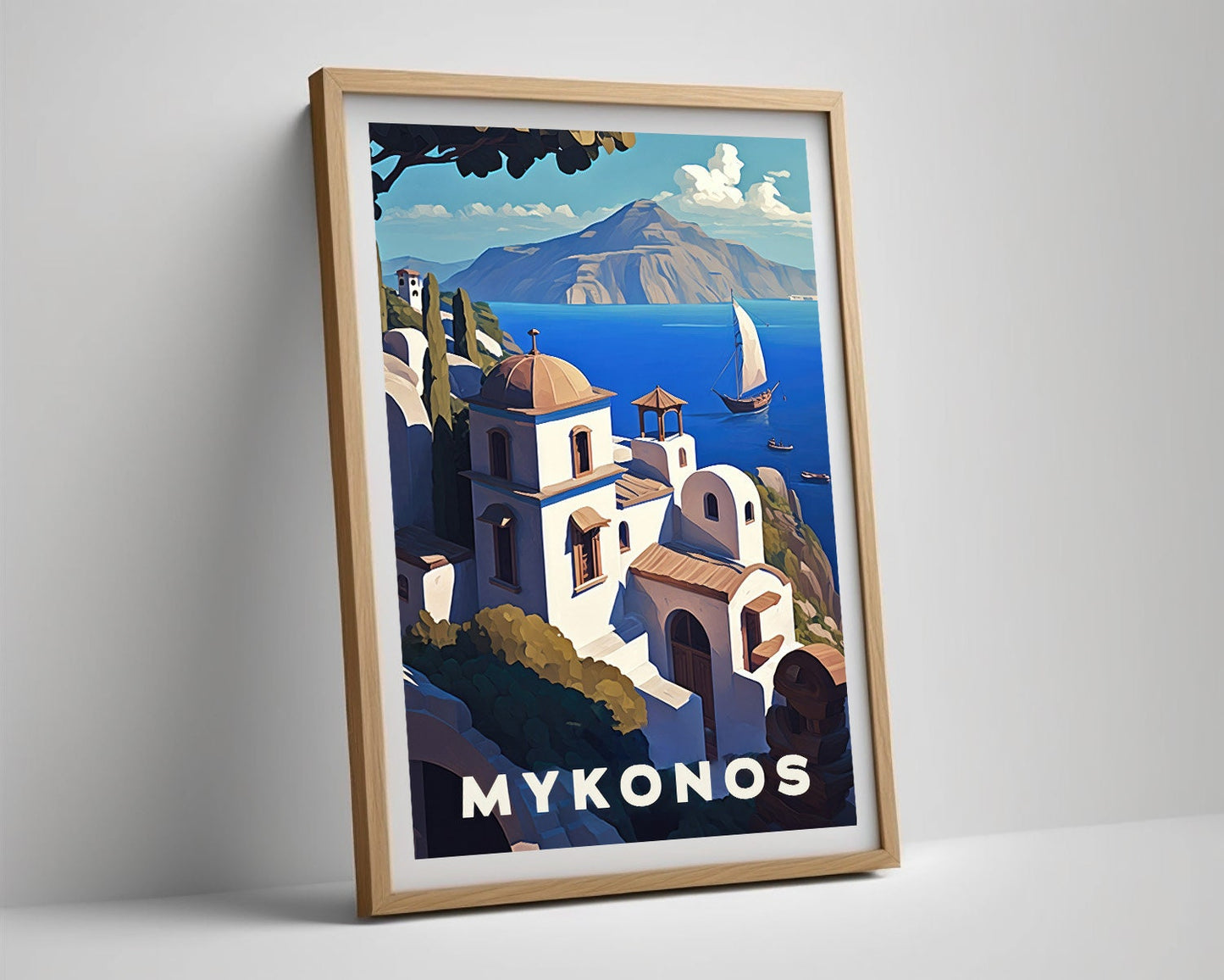 Framed Mykonos Greece Travel Poster in Portrait orientation, minimal background, close up wall art print 4