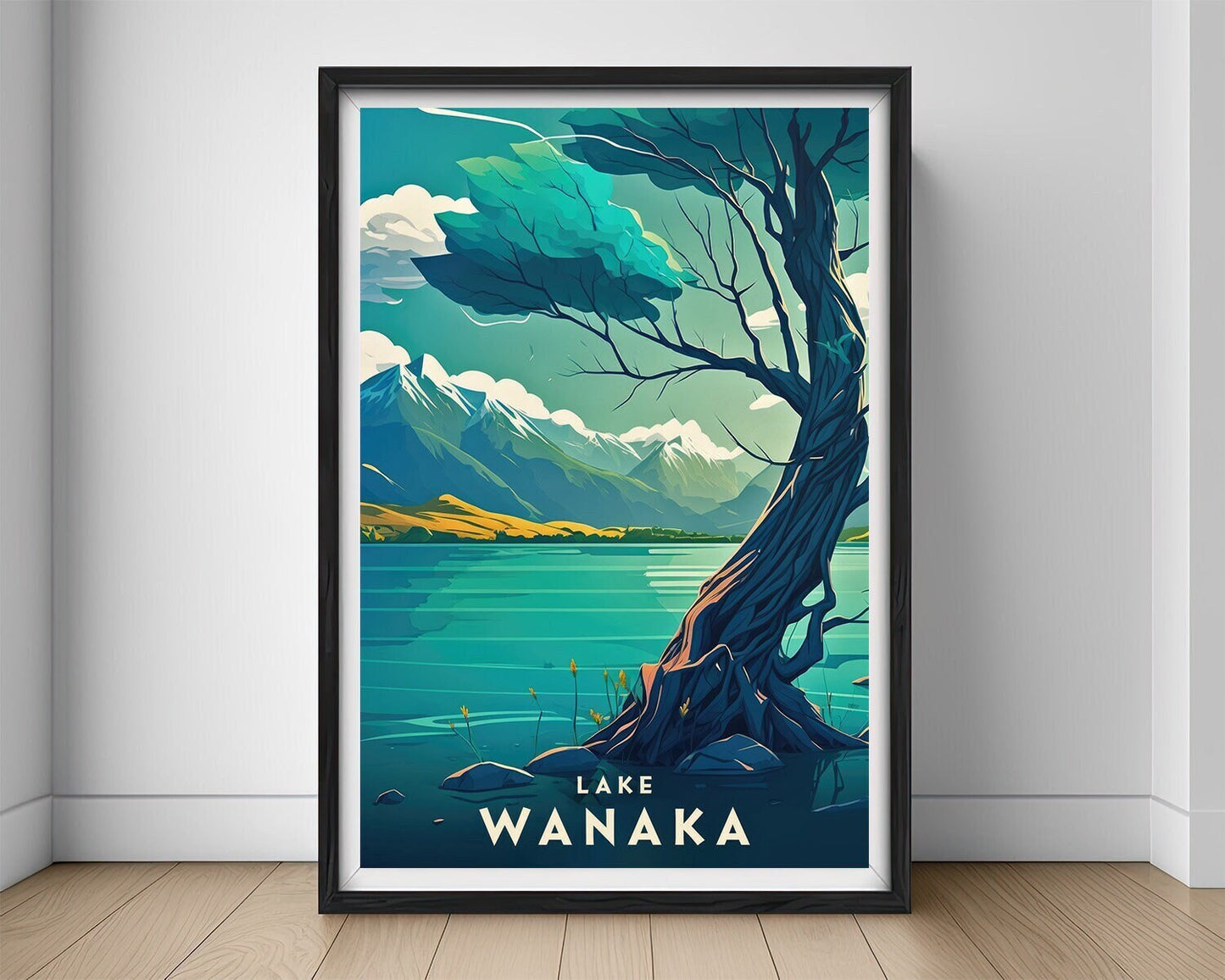 Framed NZ Lake Wanaka Travel Poster in Portrait orientation, minimal background, close up wall art print 1