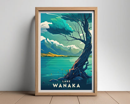 Framed NZ Lake Wanaka Travel Poster in Portrait orientation, minimal background, close up wall art print 2