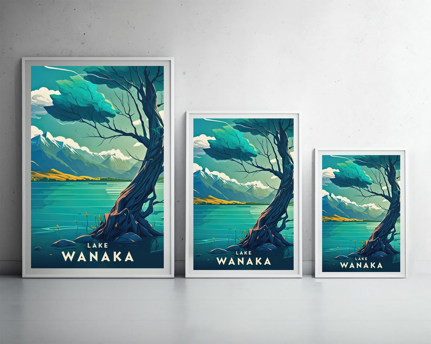 Framed NZ Lake Wanaka Travel Poster in Portrait orientation, minimal background, close up wall art print 3