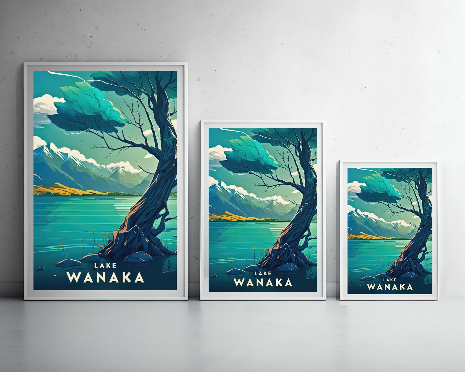 Framed NZ Lake Wanaka Travel Poster in Portrait orientation, minimal background, close up wall art print 3