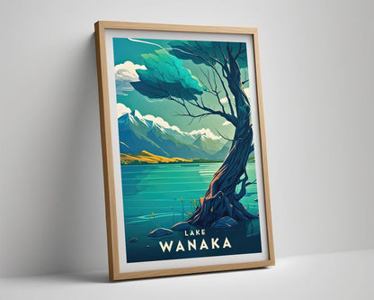 Framed NZ Lake Wanaka Travel Poster in Portrait orientation, minimal background, close up wall art print 4