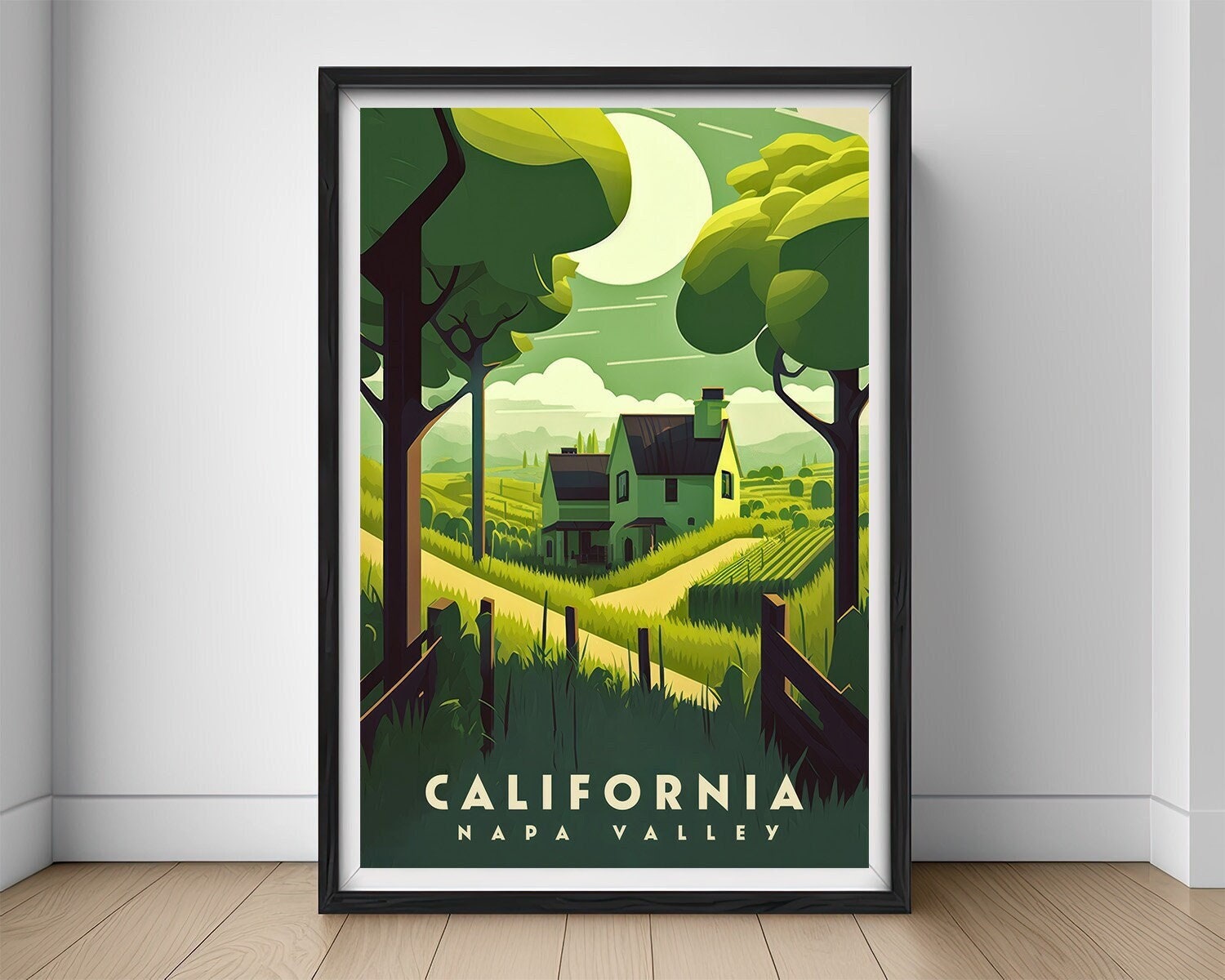 Framed Napa Valley California Travel Poster in Portrait orientation, minimal background, close up wall art print 1