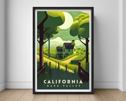 Framed Napa Valley California Travel Poster in Portrait orientation, minimal background, close up wall art print 1