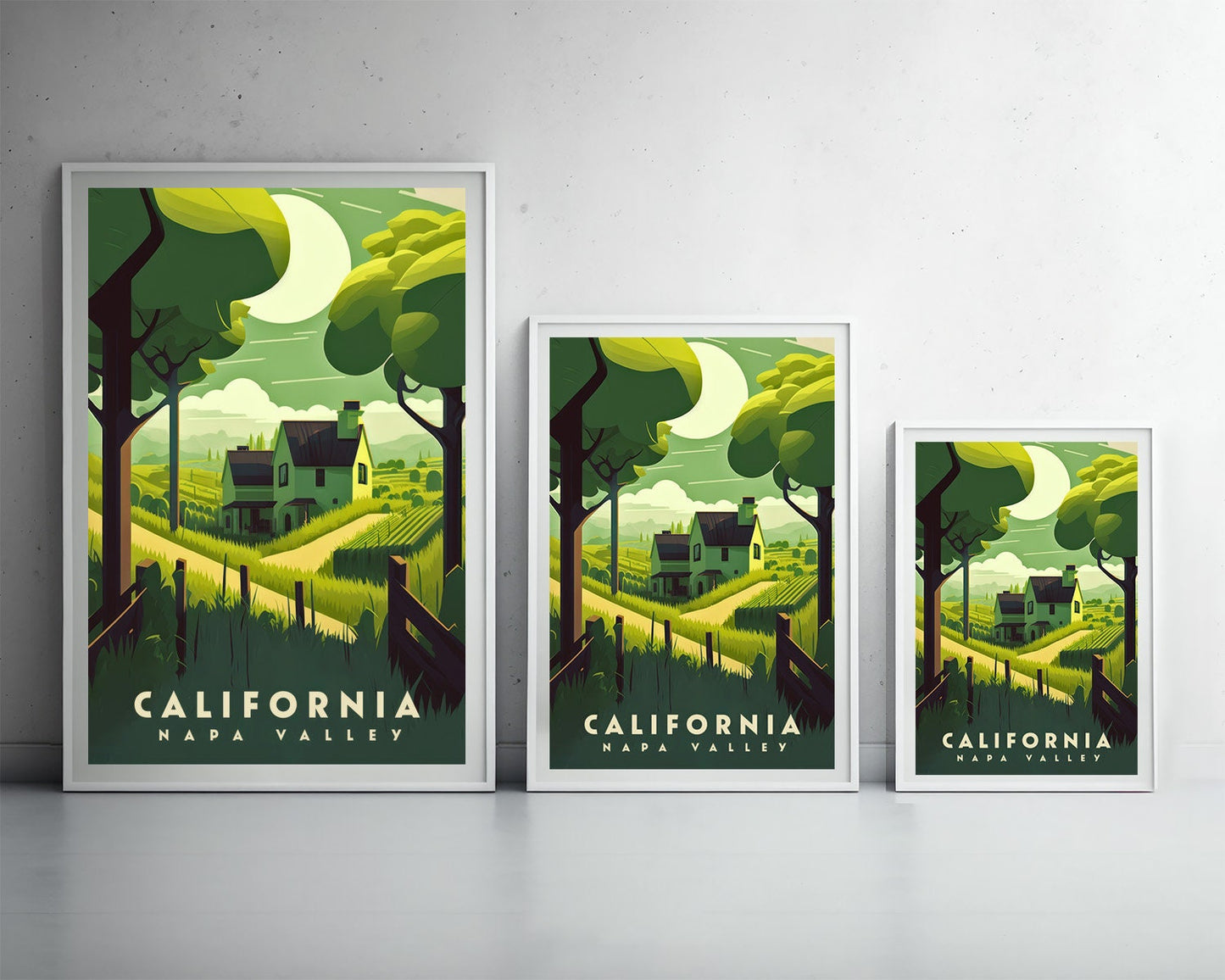 Framed Napa Valley California Travel Poster in Portrait orientation, minimal background, close up wall art print 3