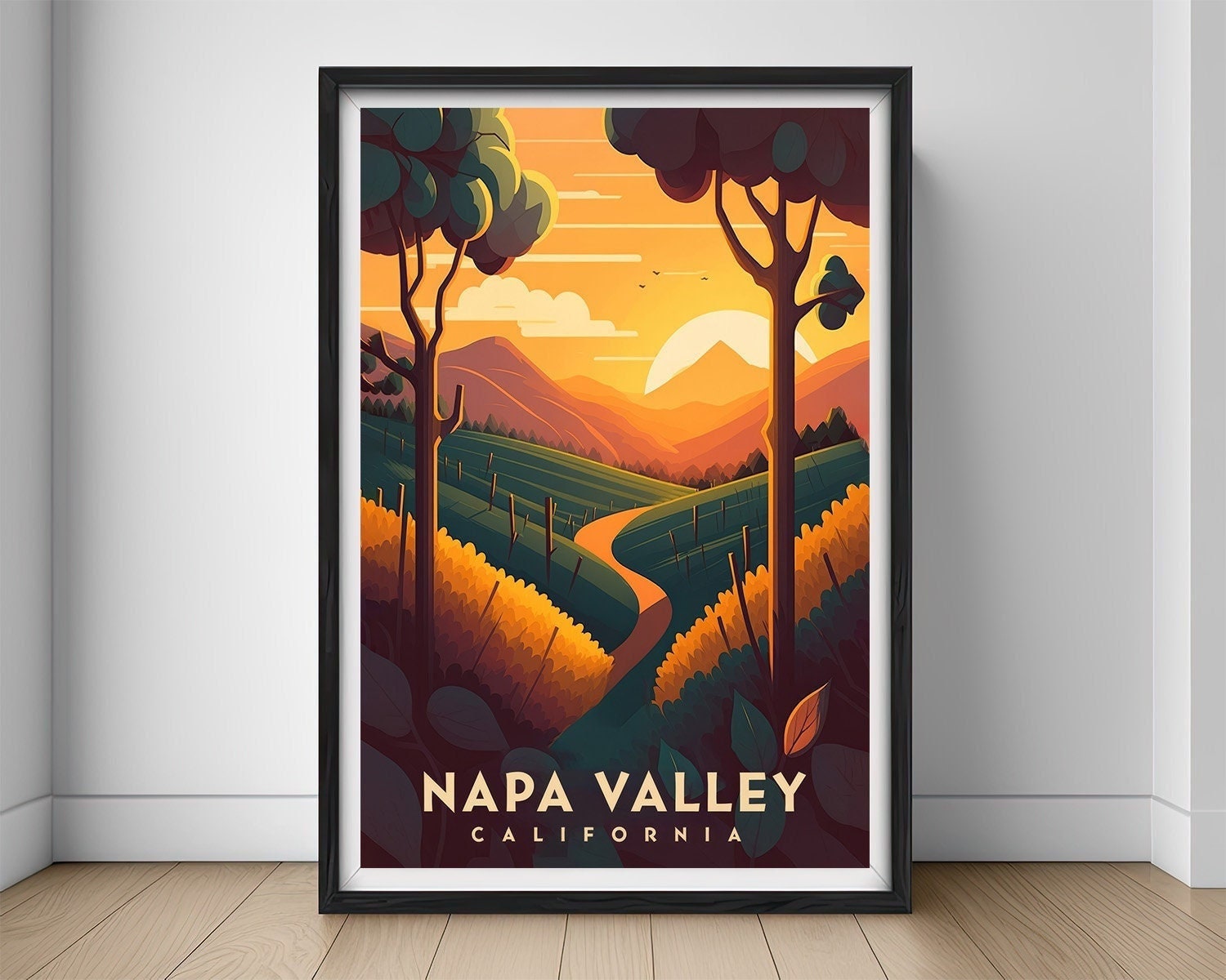 Framed Napa Valley Travel Poster in Portrait orientation, minimal background, close up wall art print 1