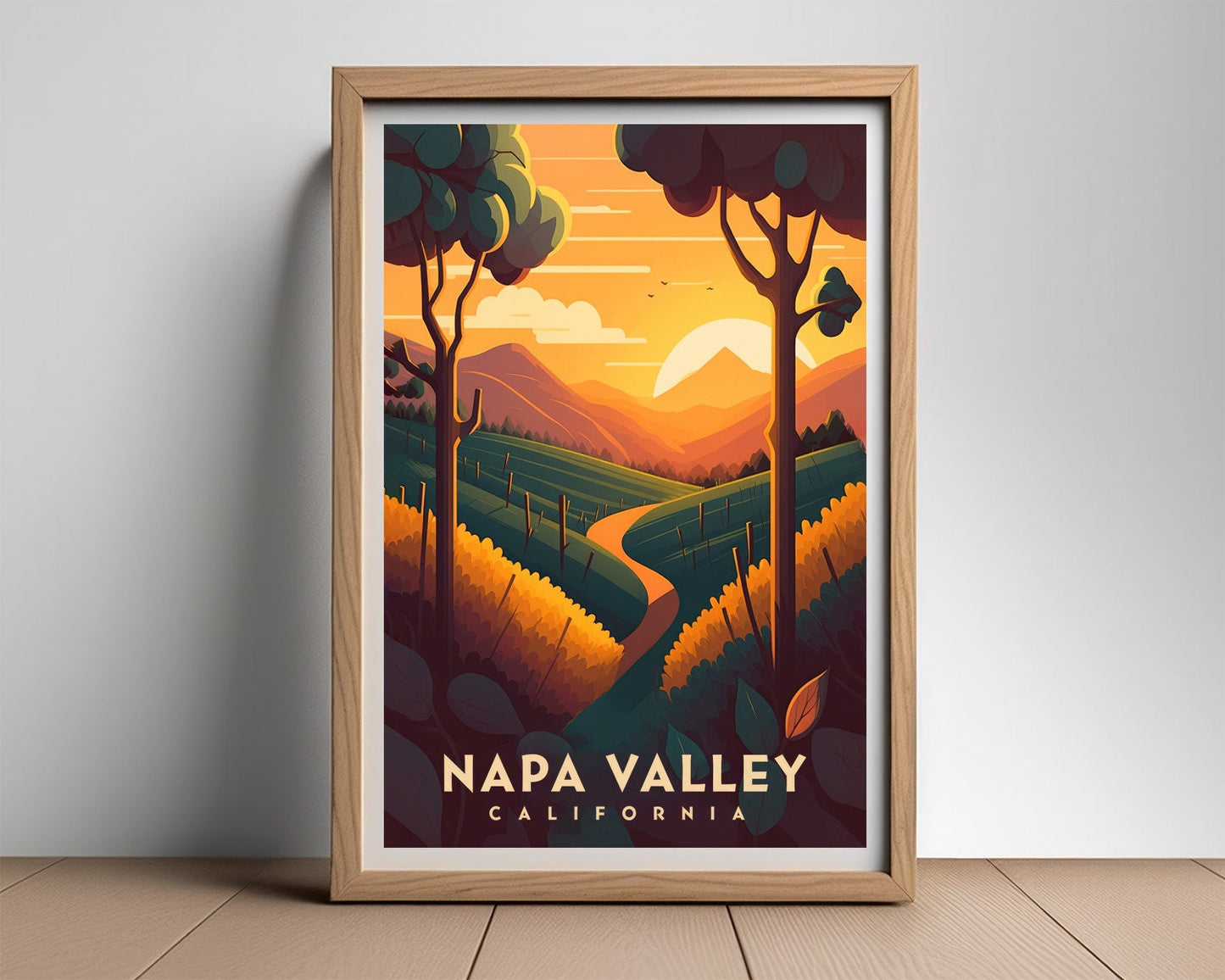 Framed Napa Valley Travel Poster in Portrait orientation, minimal background, close up wall art print 2