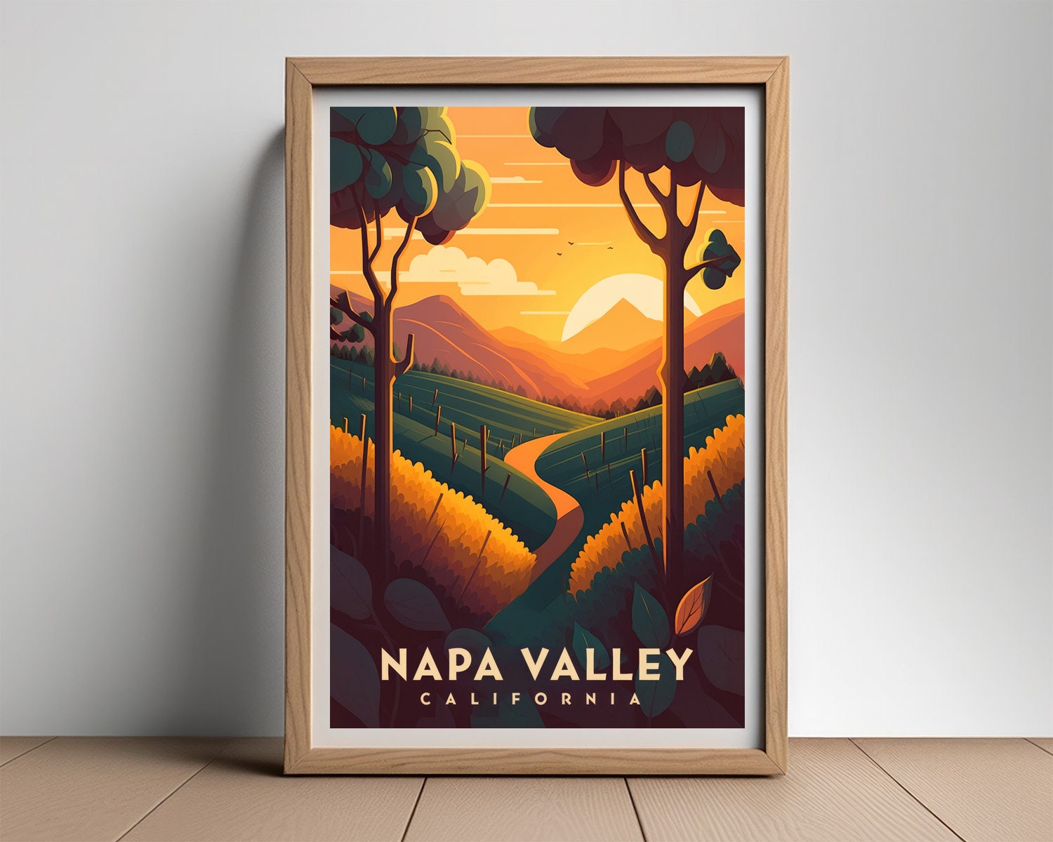 Framed Napa Valley Travel Poster in Portrait orientation, minimal background, close up wall art print 2