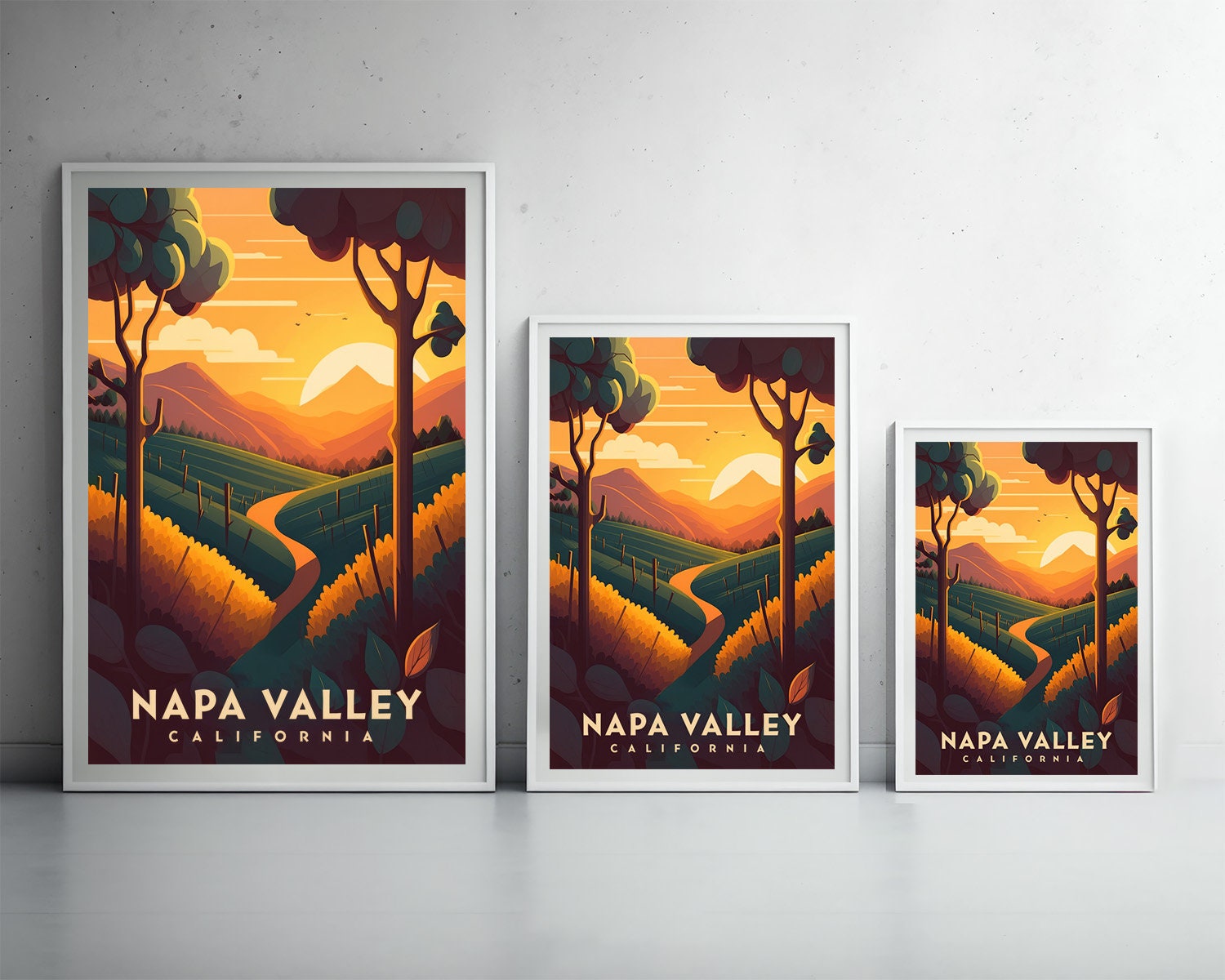 Framed Napa Valley Travel Poster in Portrait orientation, minimal background, close up wall art print 3