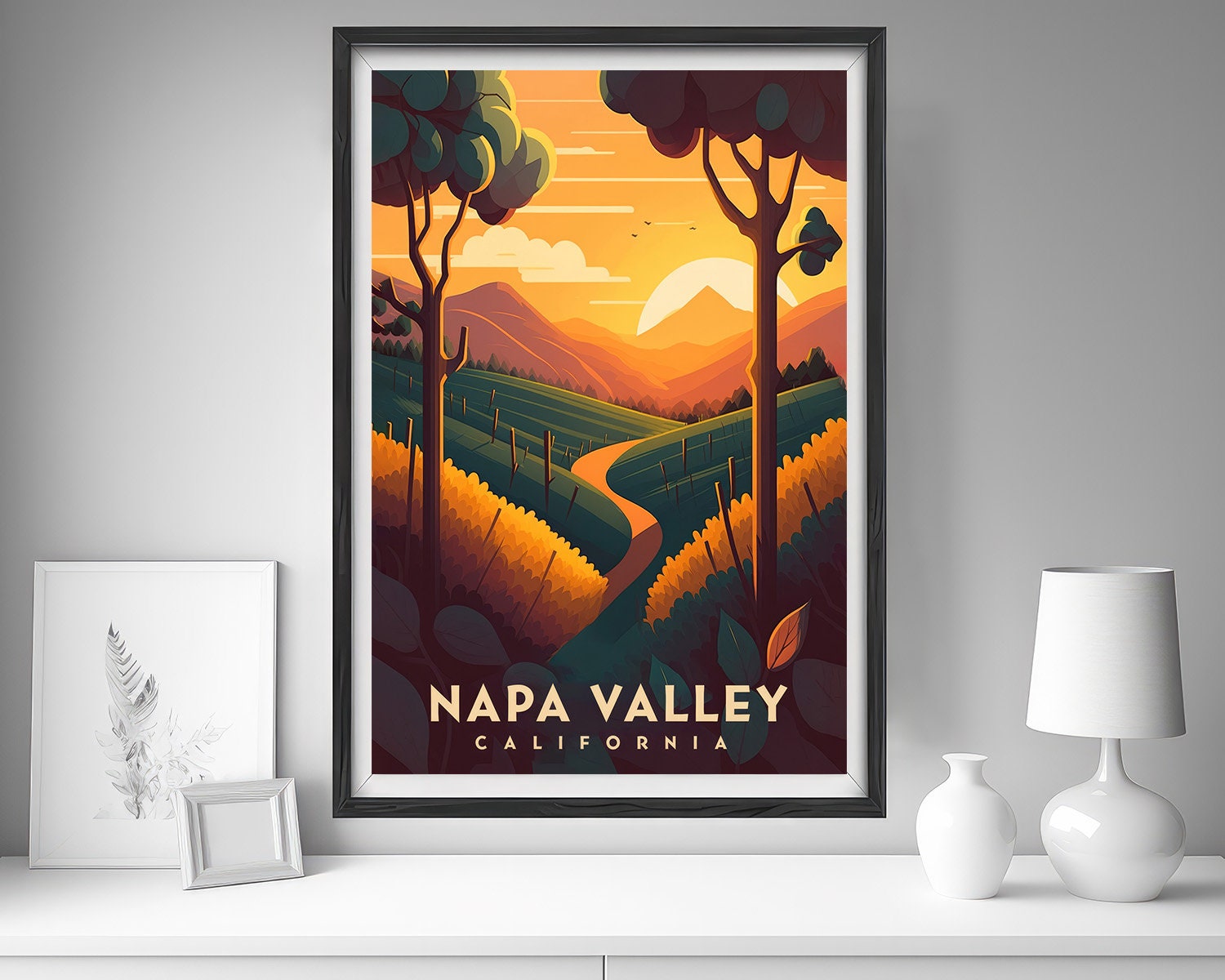 Framed Napa Valley Travel Poster in Portrait orientation, minimal background, close up wall art print 5