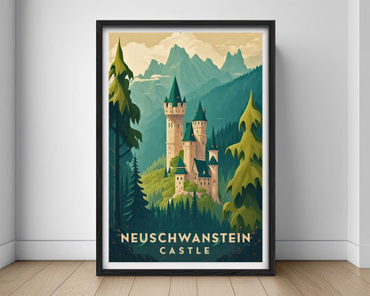 Framed Neuschwanstein Castle Germany Travel Poster in Portrait orientation, minimal background, close up wall art print 1
