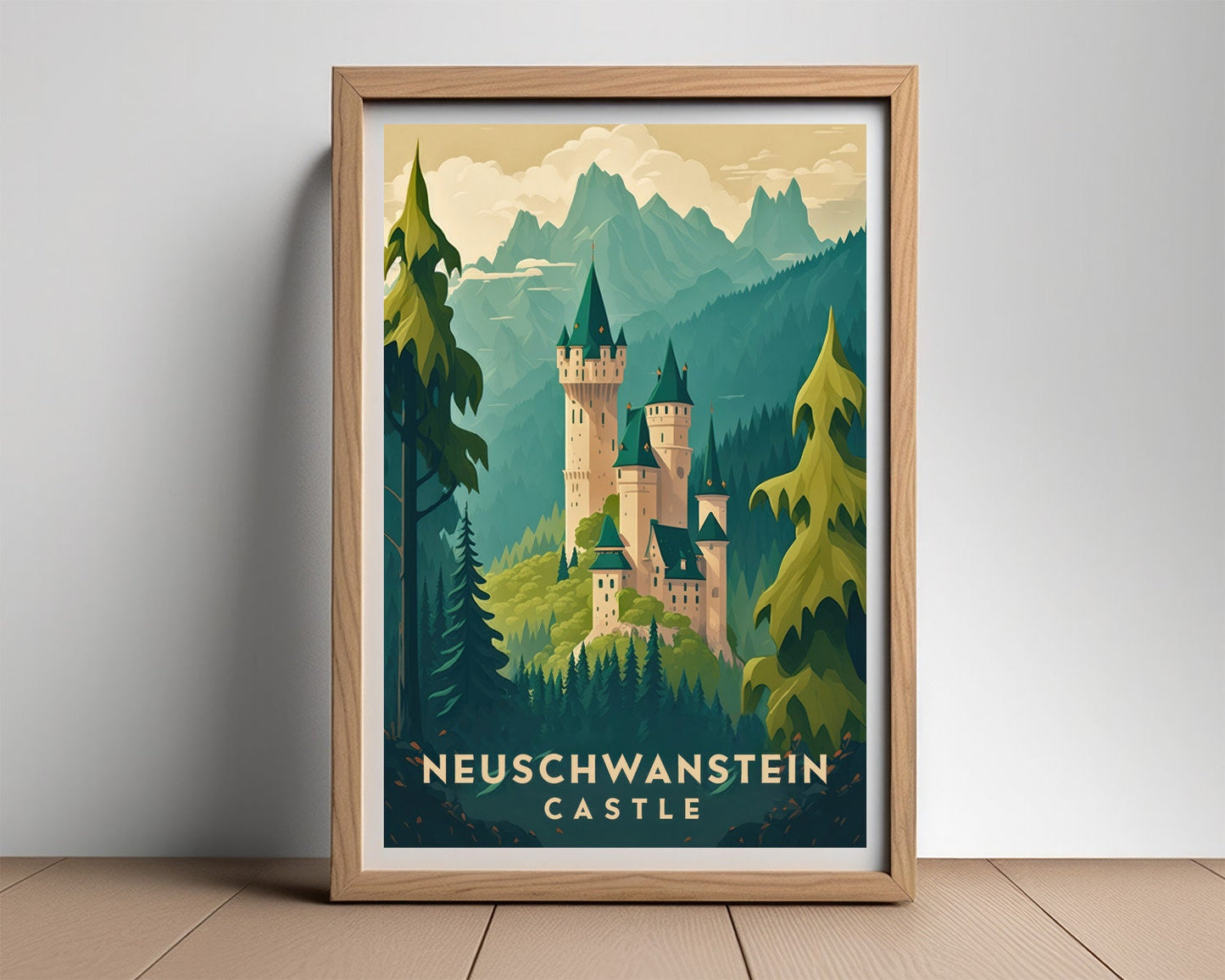 Framed Neuschwanstein Castle Germany Travel Poster in Portrait orientation, minimal background, close up wall art print 2