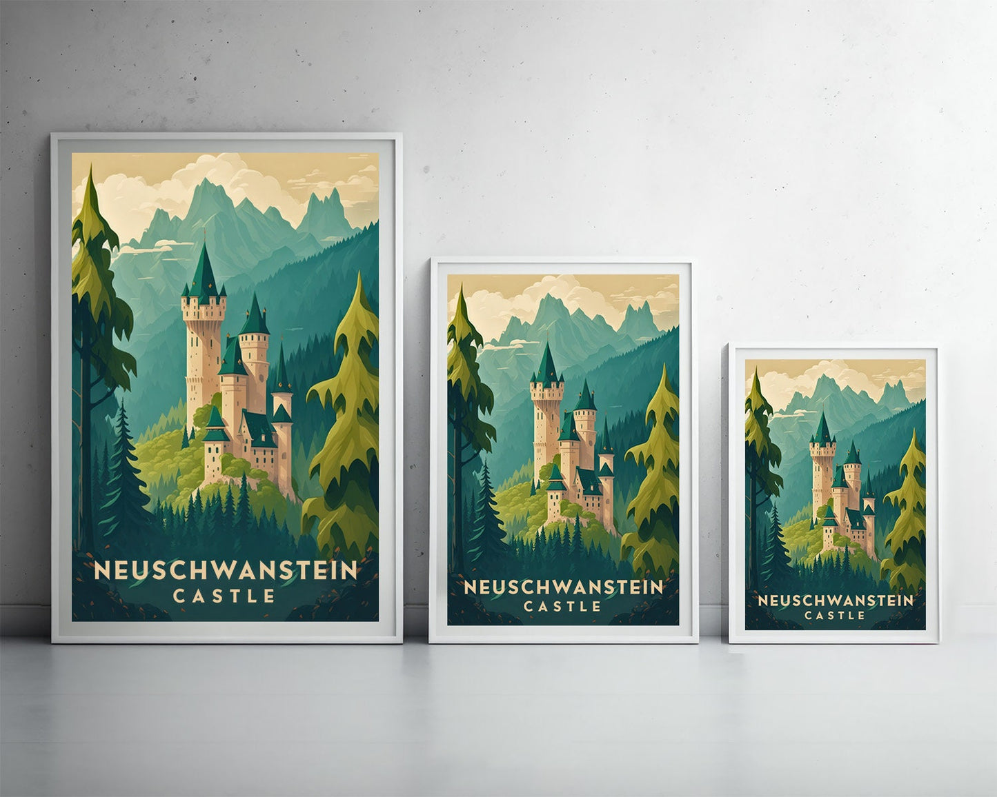 Framed Neuschwanstein Castle Germany Travel Poster in Portrait orientation, minimal background, close up wall art print 3