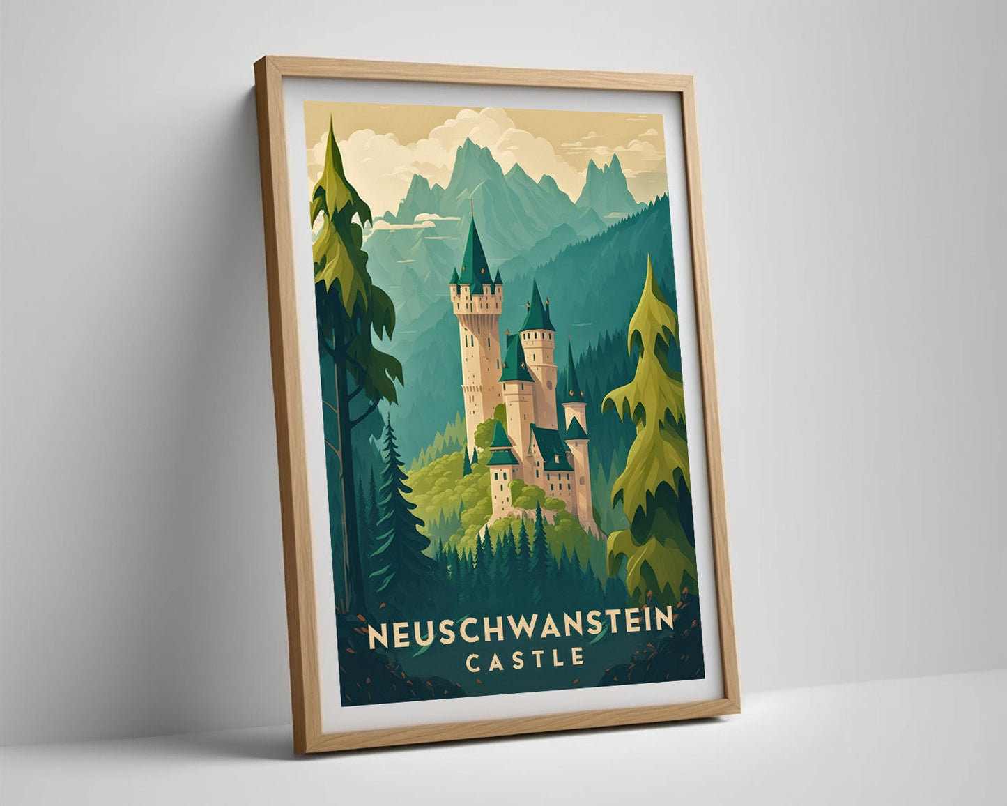 Framed Neuschwanstein Castle Germany Travel Poster in Portrait orientation, minimal background, close up wall art print 4