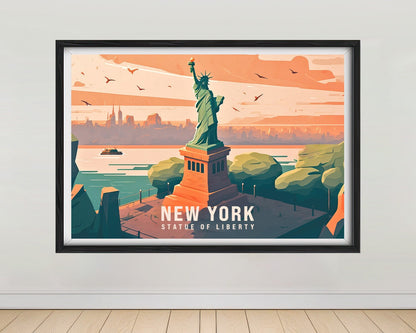 Framed New York USA Travel Poster in Landscape orientation, minimal background, close up wall art print 1