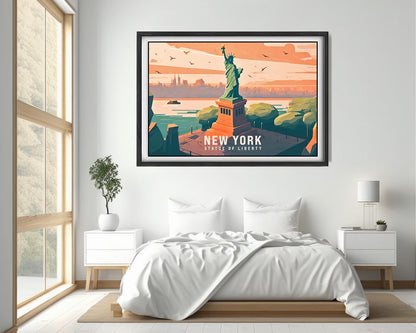 Framed New York USA Travel Poster in Landscape orientation, minimal background, close up wall art print 2