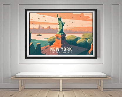 Framed New York USA Travel Poster in Landscape orientation, minimal background, close up wall art print 3