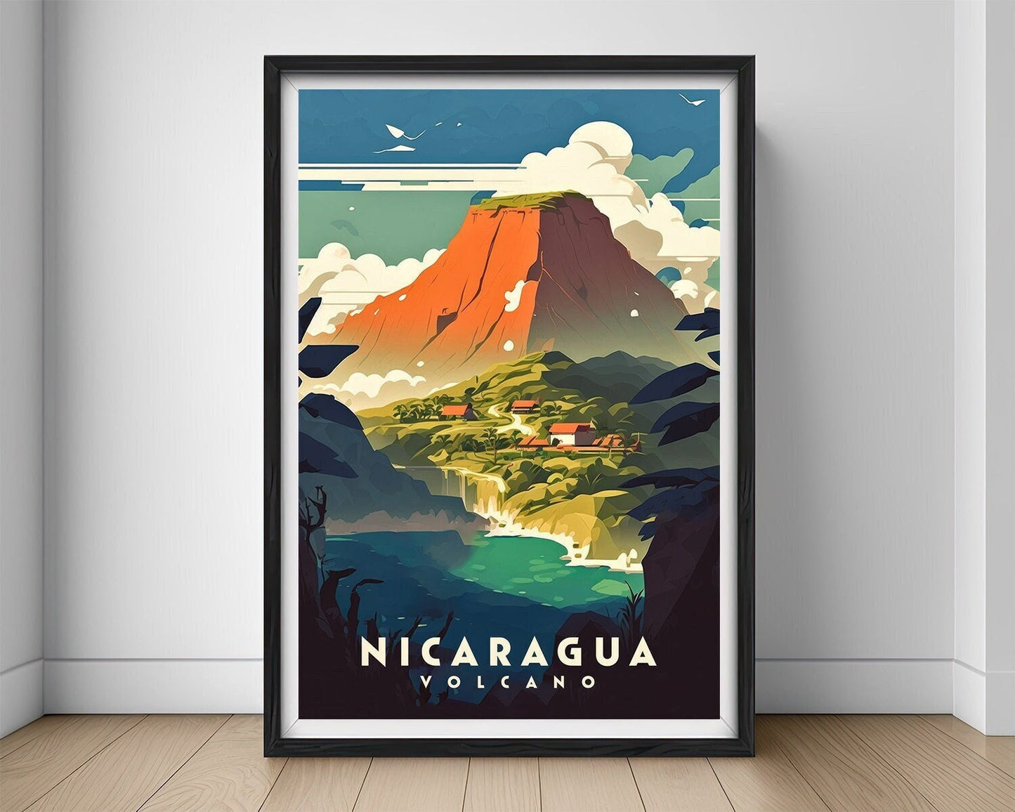 Framed Nicaragua Volcano Travel Poster in Portrait orientation, minimal background, close up wall art print 1