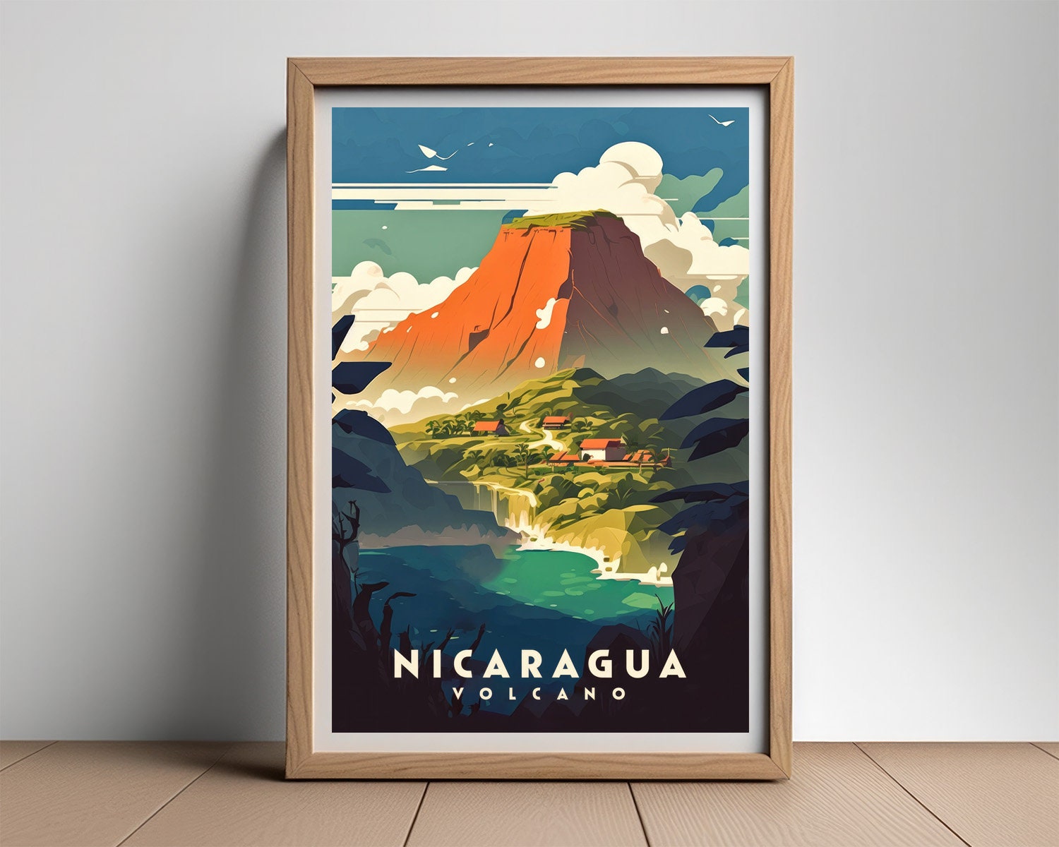 Framed Nicaragua Volcano Travel Poster in Portrait orientation, minimal background, close up wall art print 2