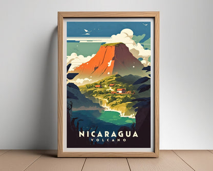 Framed Nicaragua Volcano Travel Poster in Portrait orientation, minimal background, close up wall art print 2