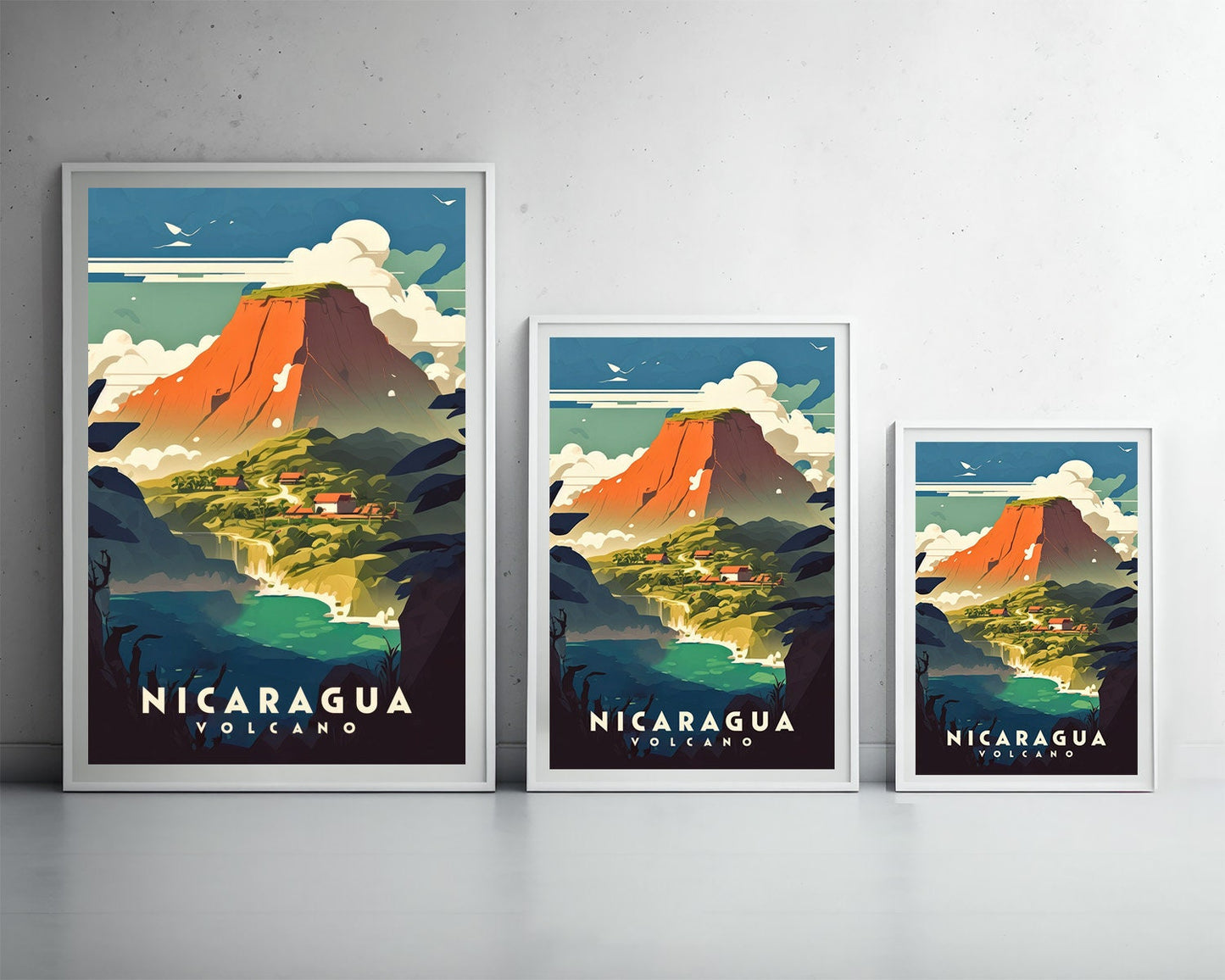 Framed Nicaragua Volcano Travel Poster in Portrait orientation, minimal background, close up wall art print 3