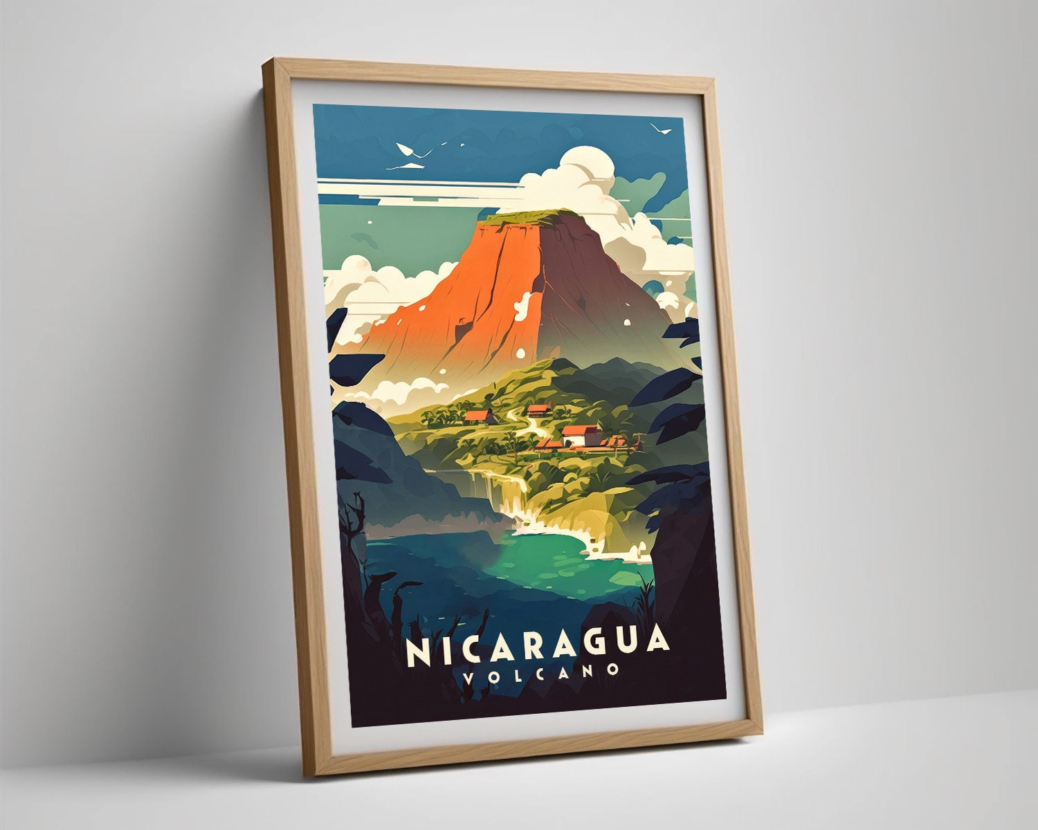 Framed Nicaragua Volcano Travel Poster in Portrait orientation, minimal background, close up wall art print 4