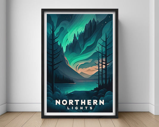 Framed Northern Lights Aurora Travel Poster in Portrait orientation, minimal background, close up wall art print 1