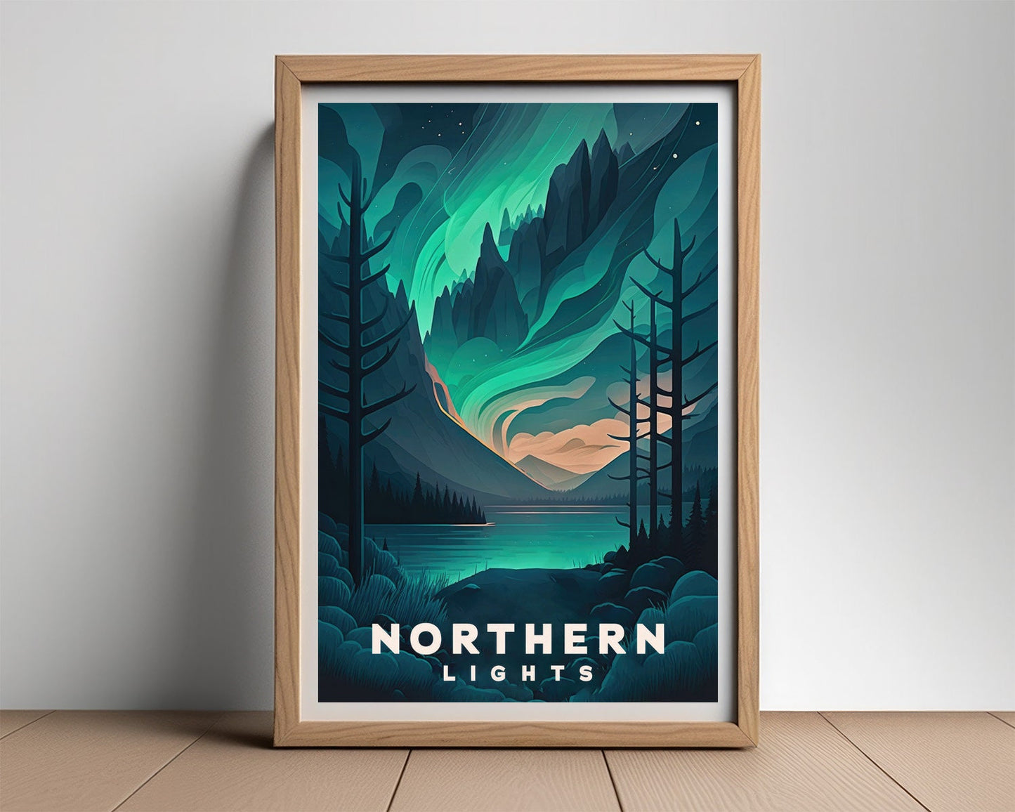 Framed Northern Lights Aurora Travel Poster in Portrait orientation, minimal background, close up wall art print 2