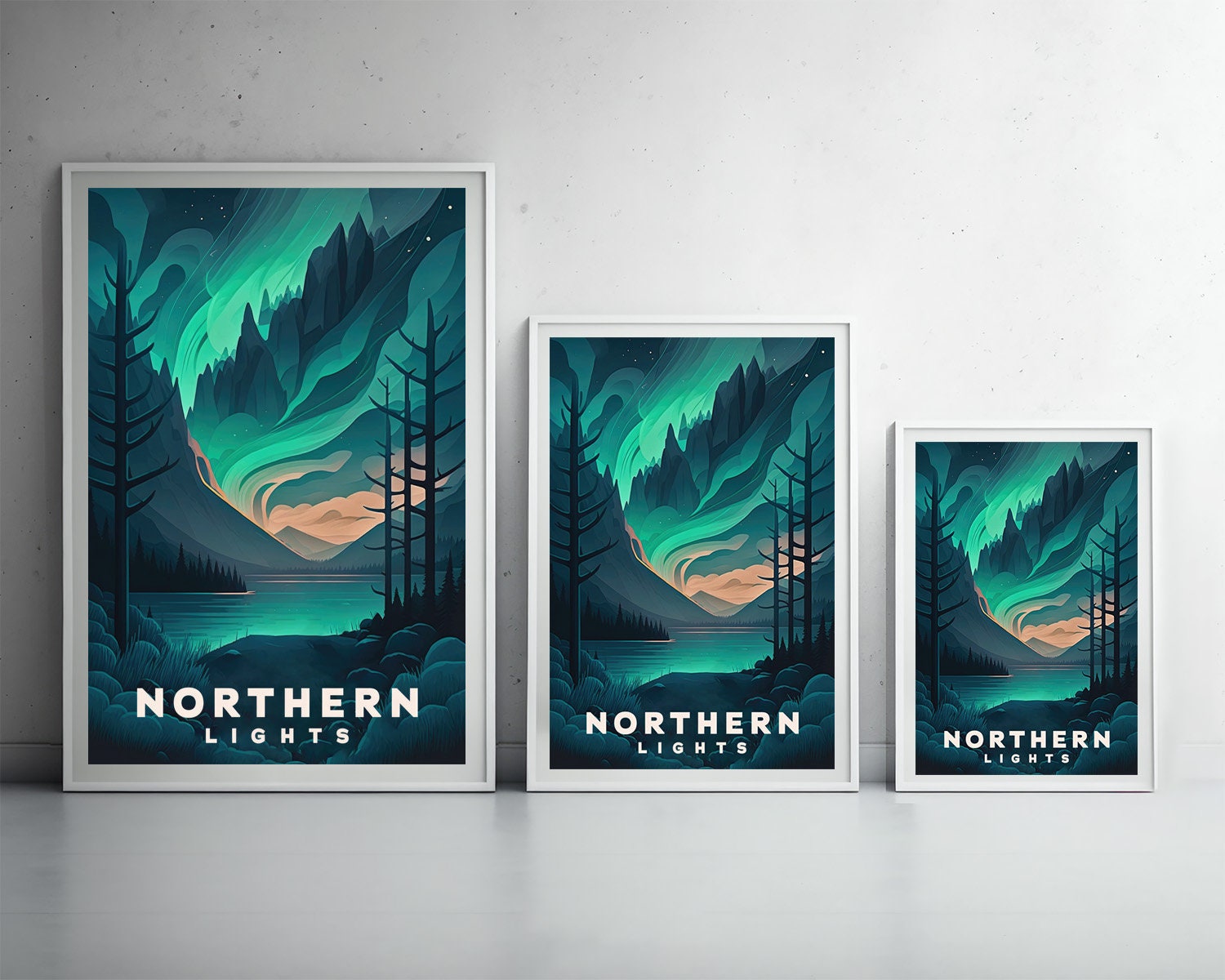 Framed Northern Lights Aurora Travel Poster in Portrait orientation, minimal background, close up wall art print 3