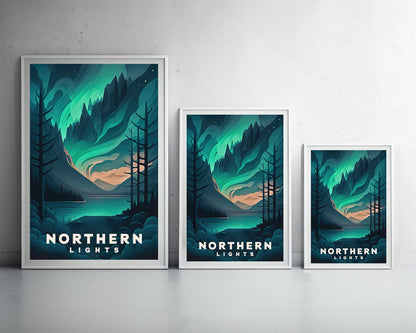 Framed Northern Lights Aurora Travel Poster in Portrait orientation, minimal background, close up wall art print 3