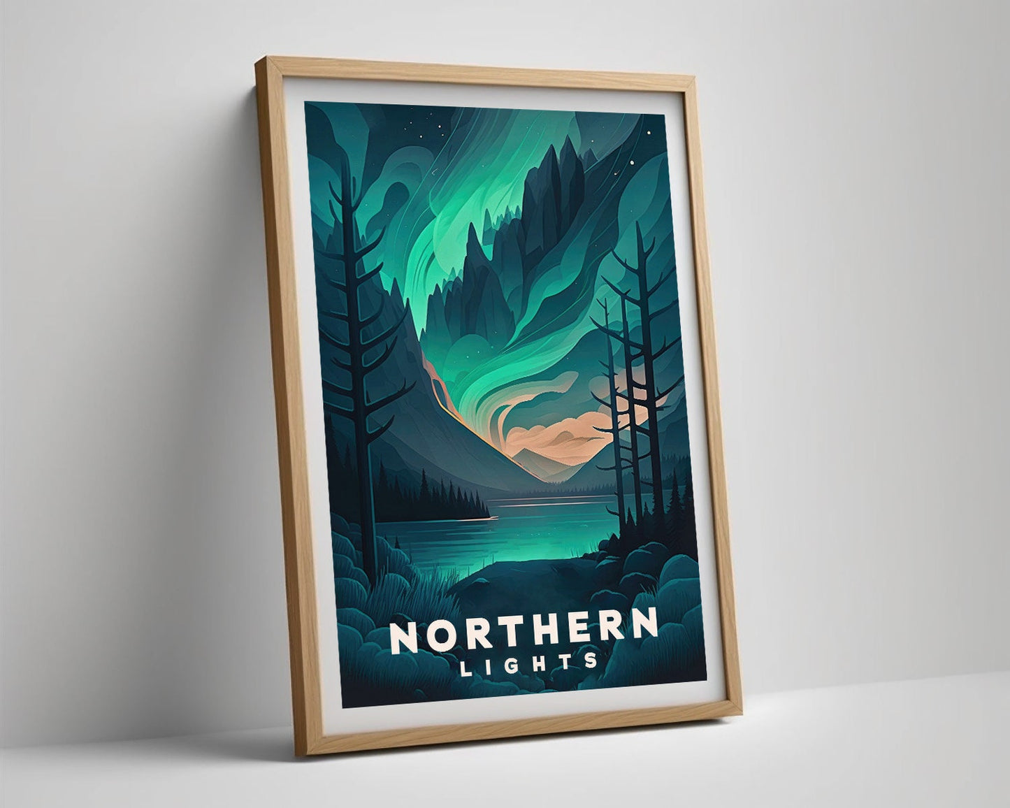 Framed Northern Lights Aurora Travel Poster in Portrait orientation, minimal background, close up wall art print 4