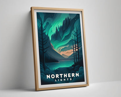 Framed Northern Lights Aurora Travel Poster in Portrait orientation, minimal background, close up wall art print 4