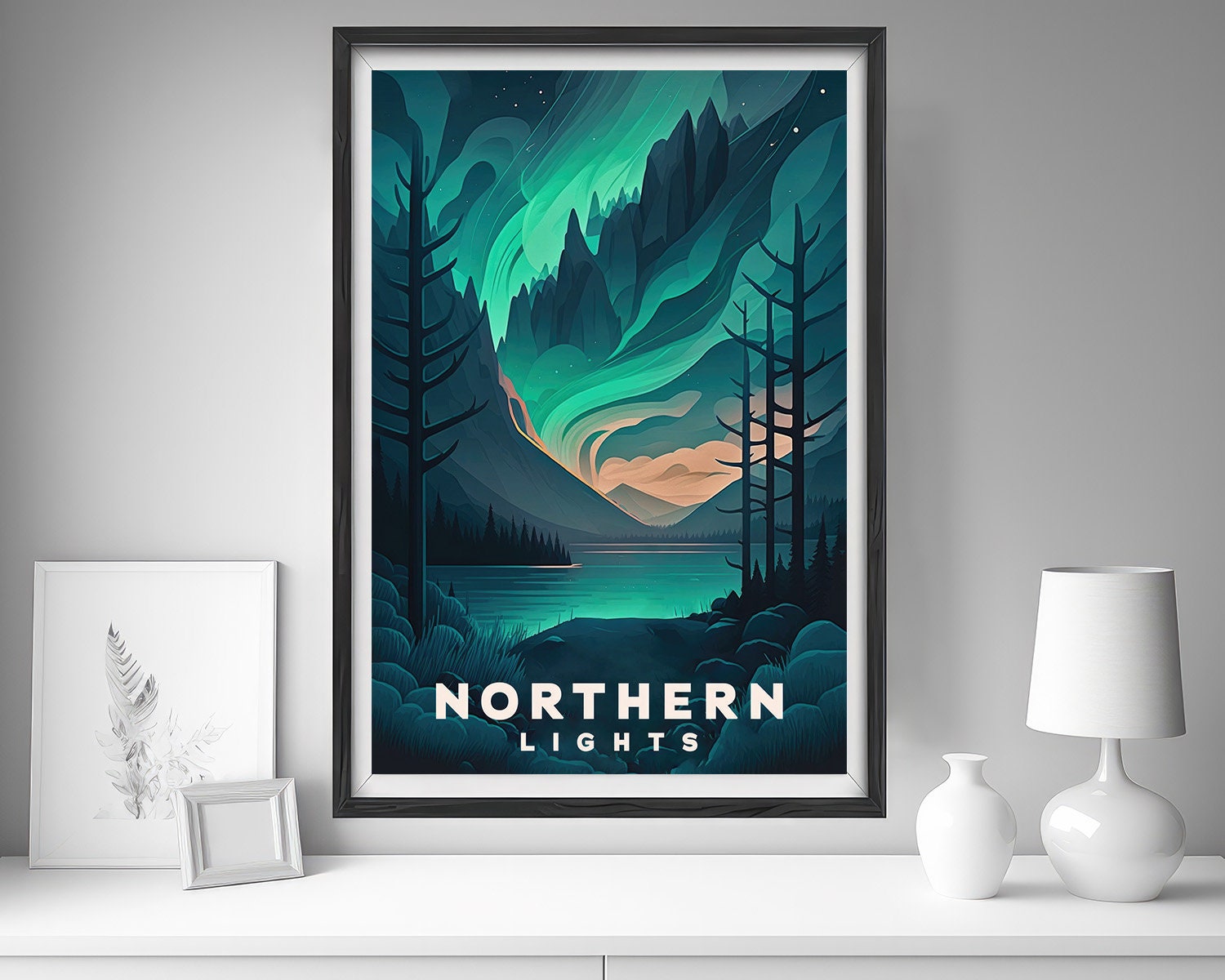 Framed Northern Lights Aurora Travel Poster in Portrait orientation, minimal background, close up wall art print 5