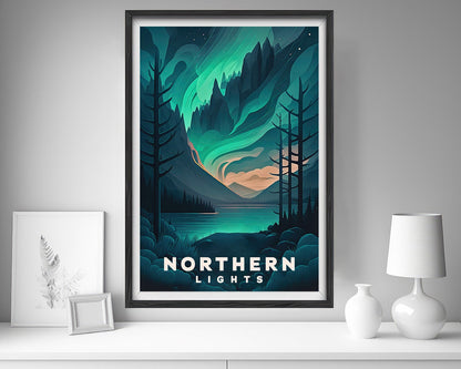 Framed Northern Lights Aurora Travel Poster in Portrait orientation, minimal background, close up wall art print 5