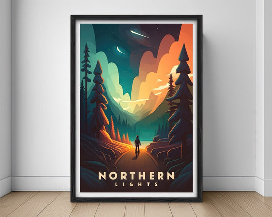 Framed Northern Lights Travel Poster in Portrait orientation, minimal background, close up wall art print 1