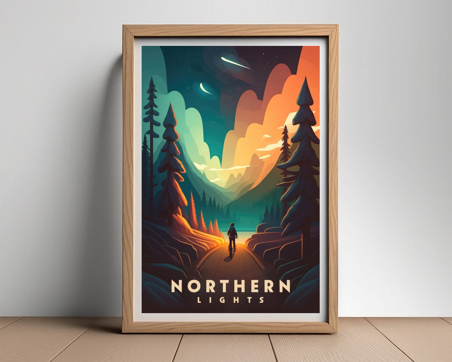 Framed Northern Lights Travel Poster in Portrait orientation, minimal background, close up wall art print 2