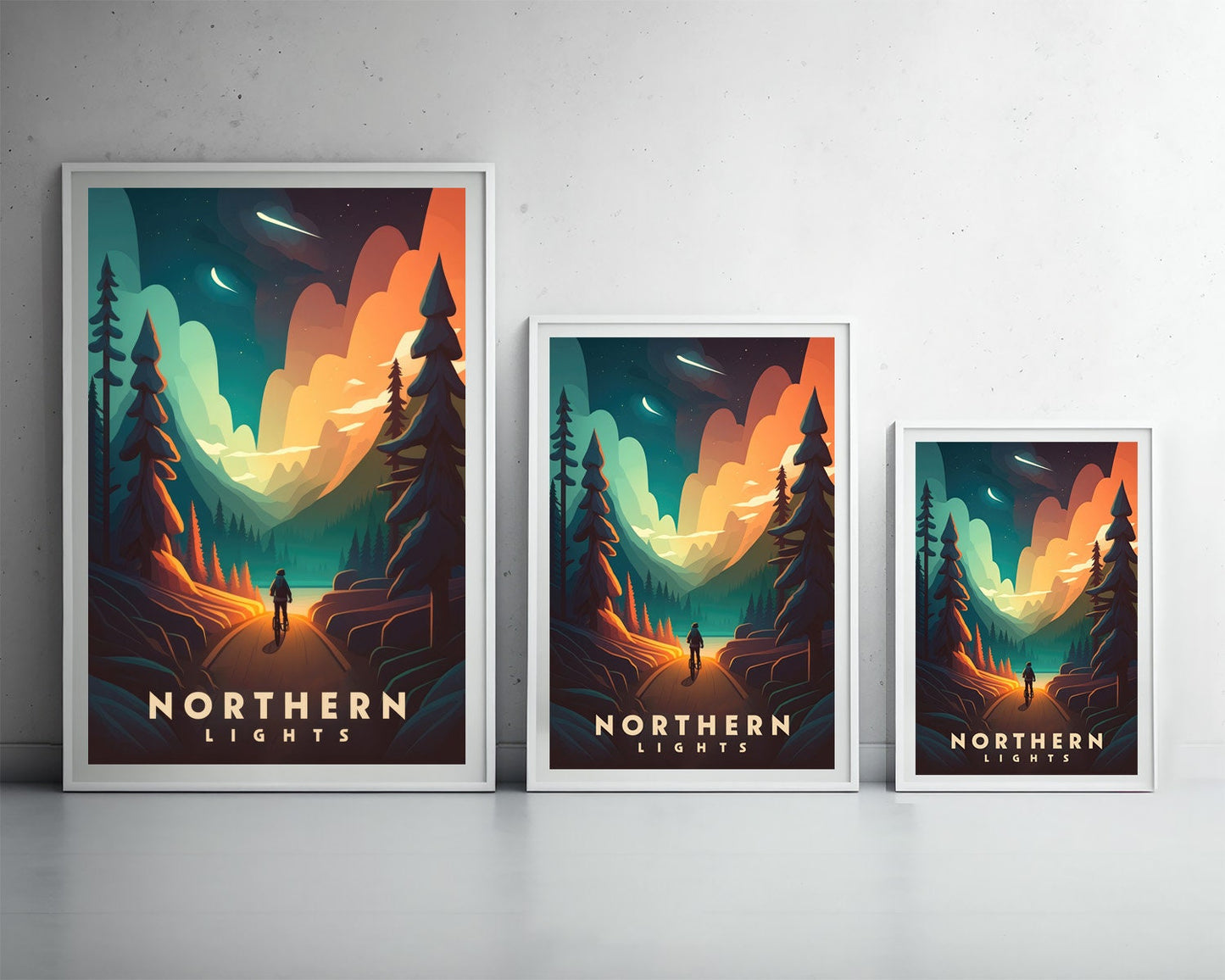 Framed Northern Lights Travel Poster in Portrait orientation, minimal background, close up wall art print 3