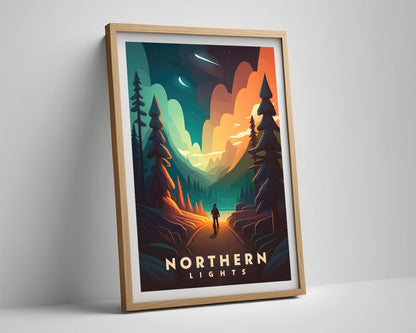 Framed Northern Lights Travel Poster in Portrait orientation, minimal background, close up wall art print 4